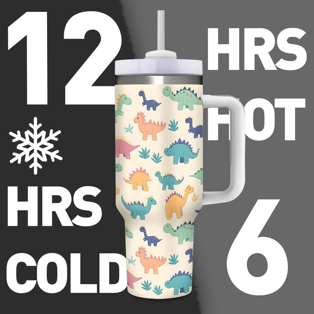 40oz Cute Dinosaurs Tumbler with Handle, Double Wall Stainless Steel Travel Coffee Mug with Straw Lid, Cartoon Insulated Cooling Cup for Christmas Birthday Gifts (Printed in US)