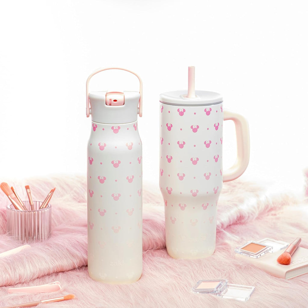 Zak Designs Disney Sutton Travel Tumbler for On the Go or At Home, 40oz Stainless Steel with Vacuum Insulation, Silicone Straw, Carry Handle, and 3D Artwork for Cold Drinks (Minnie Mouse)