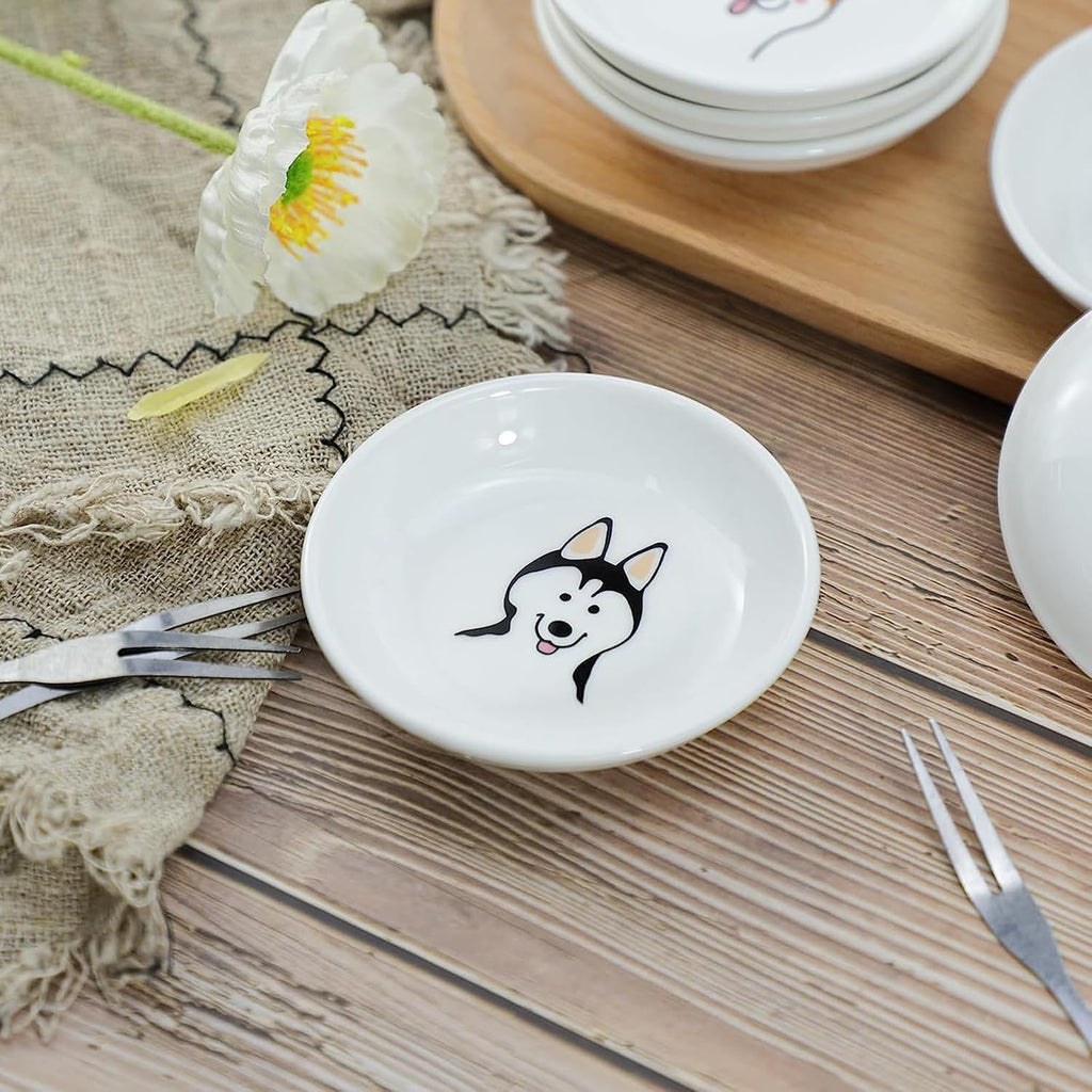 SOCOSY Super Cute Cartoon Animal Pattern Ceramic Sauce Dish/Seasoning Dish/Sushi Soy Dipping Bowl/Appetizer Plates/Serving Dish for Kitchen Home(Set of 6)-Dog Heads
