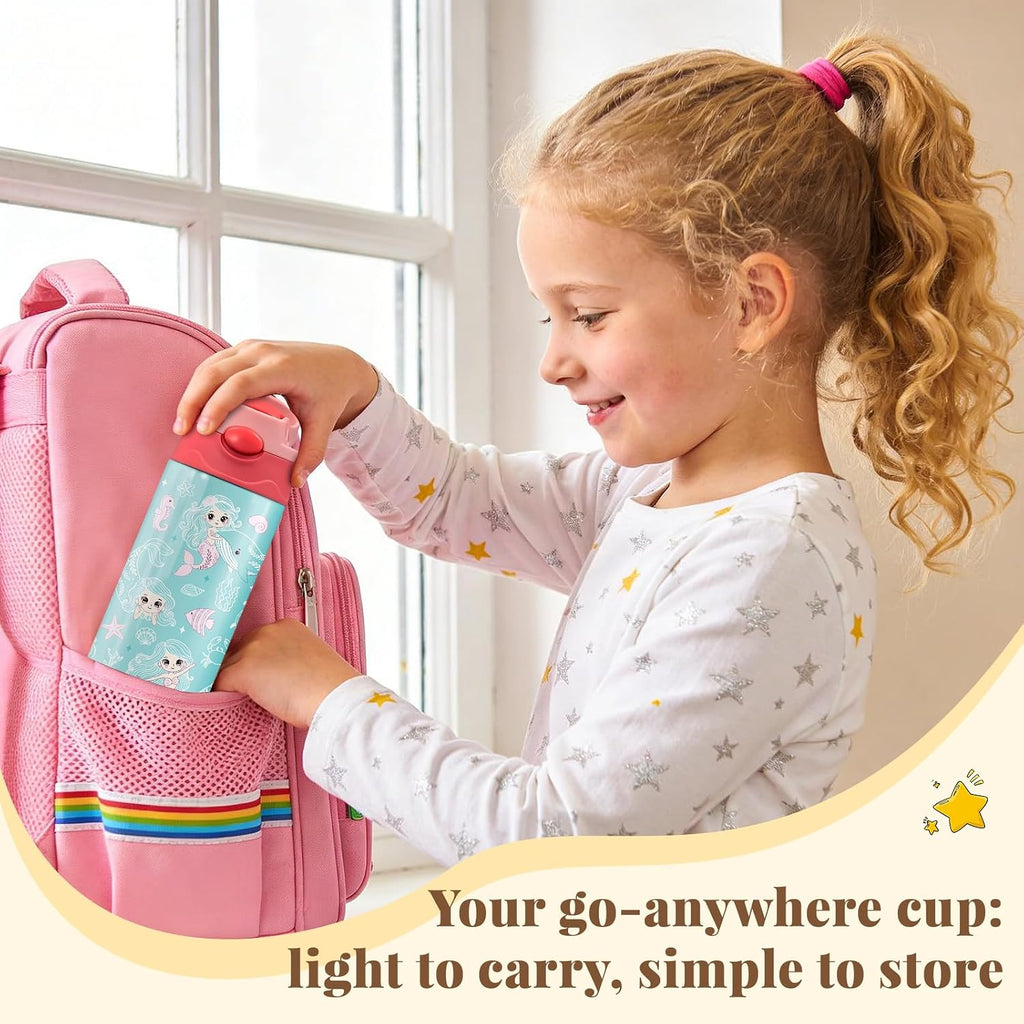 Mermaid Water Bottle for Girls - 12oz Cute Cartoon Kids Water Bottle with Straw, Stainless Steel Tumbler, Insulated, Leak-proof, BPA-free, Pop-up Straw Lid, for School, Children Birthday Gift Cup(1pc)