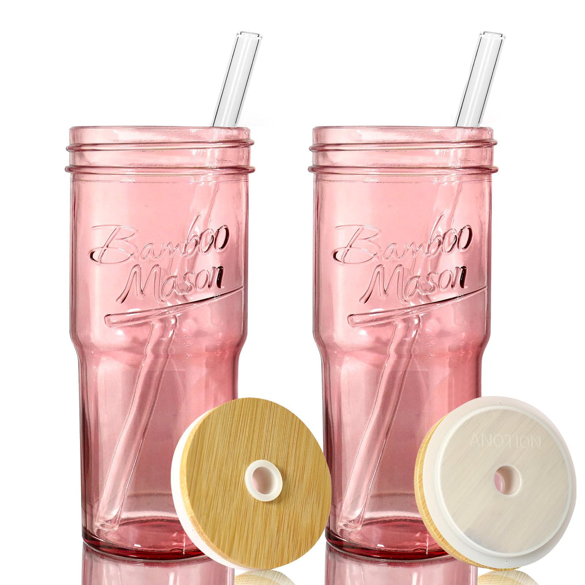 ANOTION Glass Cups with Lids and Straws - 24oz Tumbler with Handle Coffee Cups Glass Straws Glasses Mason Jar Cups Drinking Set Kitchen Essentials Coffee Bar Accessories House Warming Gifts New Home