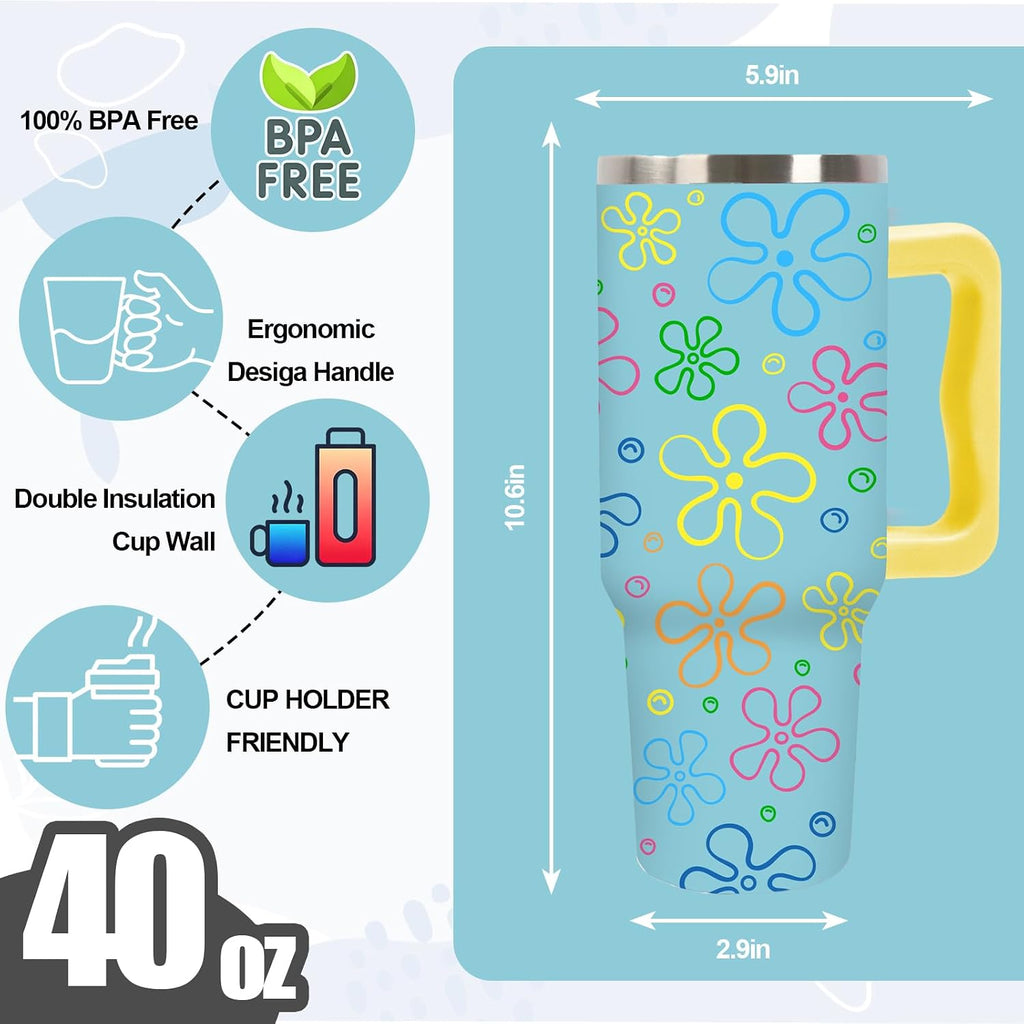 JarThenaAMCS Cartoon Sponge Tumbler with Handle 40oz Flower and Bubbles Tumbler with Lid Straw Blue Yellow Funny Sea Ocean Stainless Steel Cup for Home Office Travel