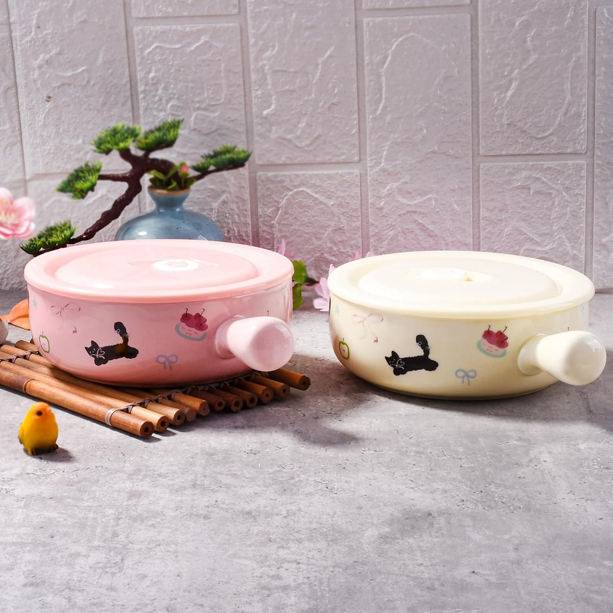 Ceramic Soup Bowl with Lid and Handles Set of 2, 6.1'' Cute Ramen Bowls