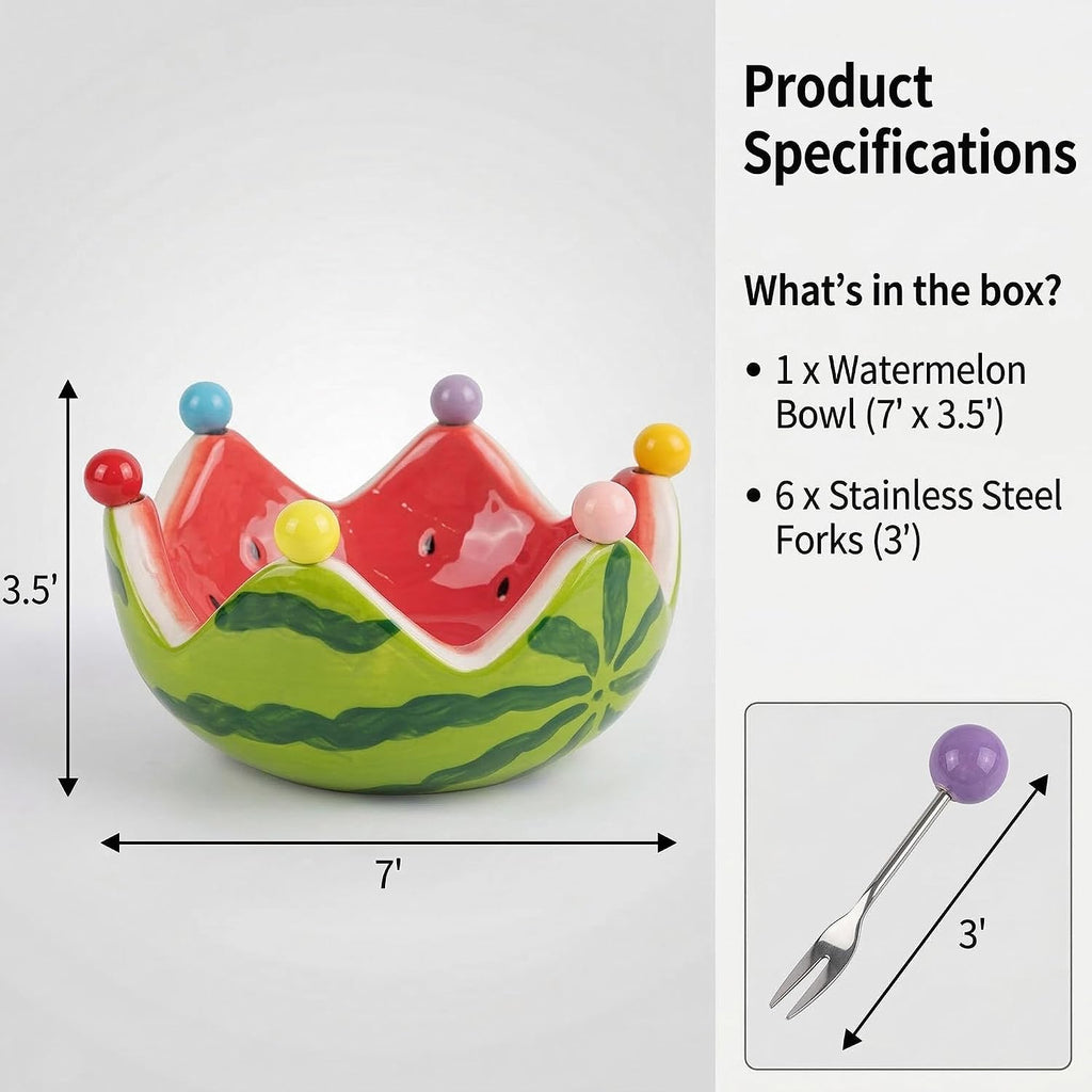 Watermelon-Shaped Ceramic Fruit Bowl with 6 Stainless Steel Forks
