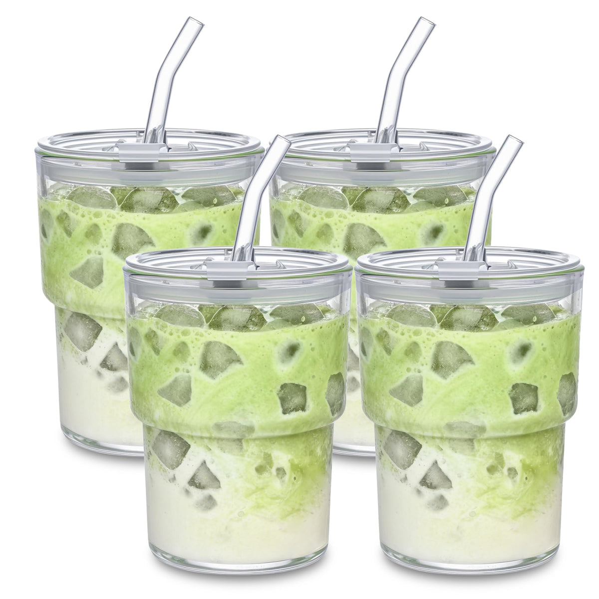 Iced Coffee Cups, 13oz Glass Tumbler with Lid and Straw, Leakproof To-Go Glass Cups Fits Car Cup Holder, Reusable Matcha Cup for Iced Coffee, Cold Brew and Tea