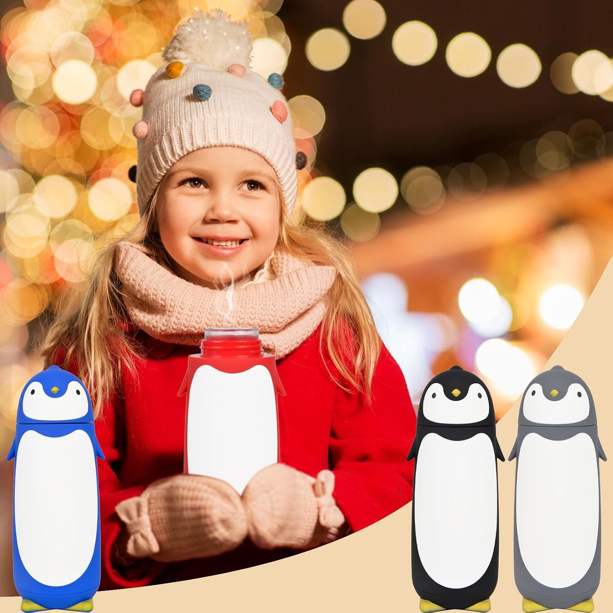 Penguin Glass Water Tumbler- Cute Water Bottle Double Walled Cup Flask Travel Mug for Kids, Students, 9.6oz, Grey