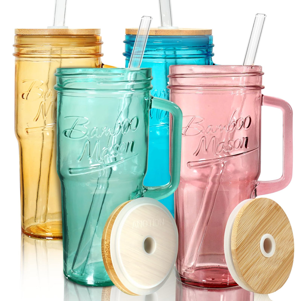 ANOTION Glass Cups with Lids and Straws - 24oz Tumbler with Handle Coffee Cups Glass Straws Glasses Mason Jar Cups Drinking Set Kitchen Essentials Coffee Bar Accessories House Warming Gifts New Home