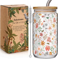 Floral Iced Glass Cups with Bamboo Lids and Straws 16oz Wildflower Coffee Cup Gift for Women Cute Flower Drinking Glass with Cleaning Brushes, Flower Gifts for Mother 's Day Birthday Bridesmaid Party