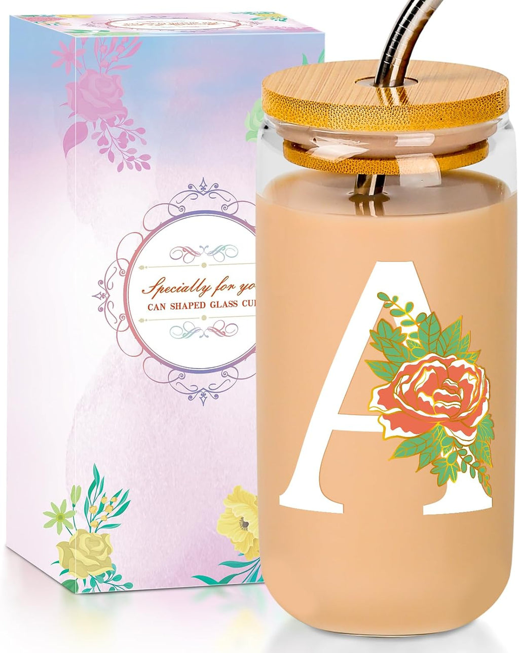 16 Oz Initial Glass Cup with Lid and Straw Personalized Color-Changing