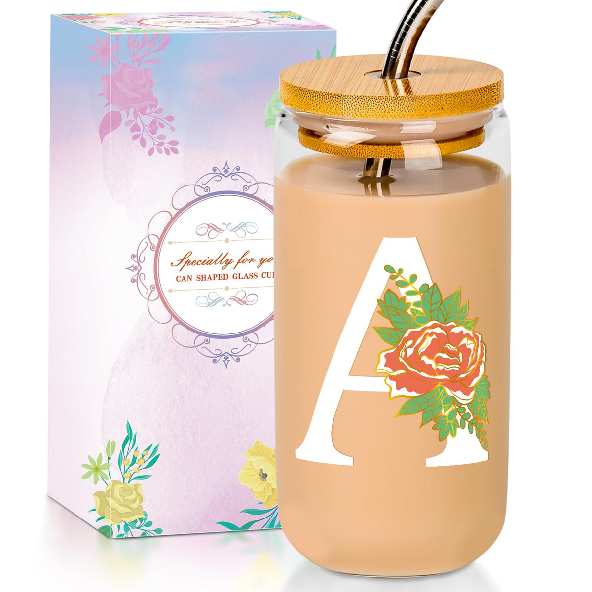 16 Oz Initial Glass Cup with Lid and Straw Personalized Color-Changing