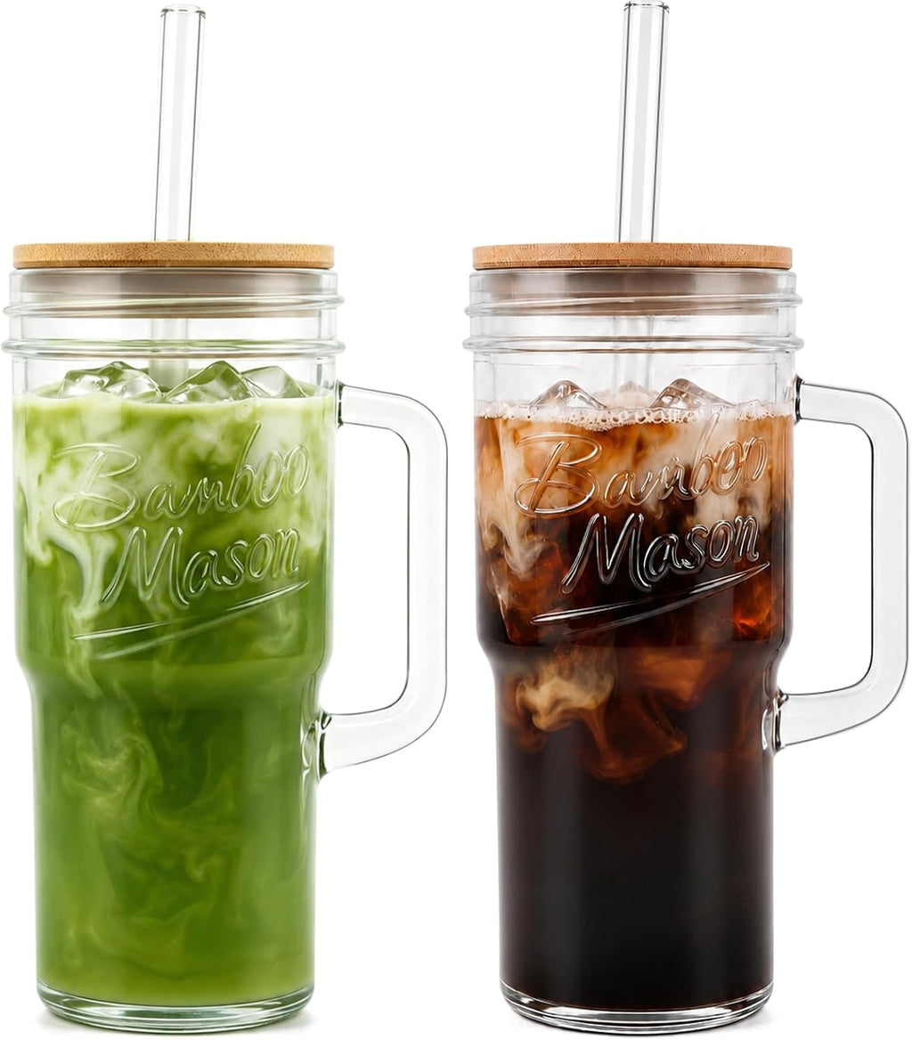 ANOTION Glass Cups with Lids and Straws - 24oz Tumbler with Handle Coffee Cups Glass Straws Glasses Mason Jar Cups Drinking Set Kitchen Essentials Coffee Bar Accessories House Warming Gifts New Home