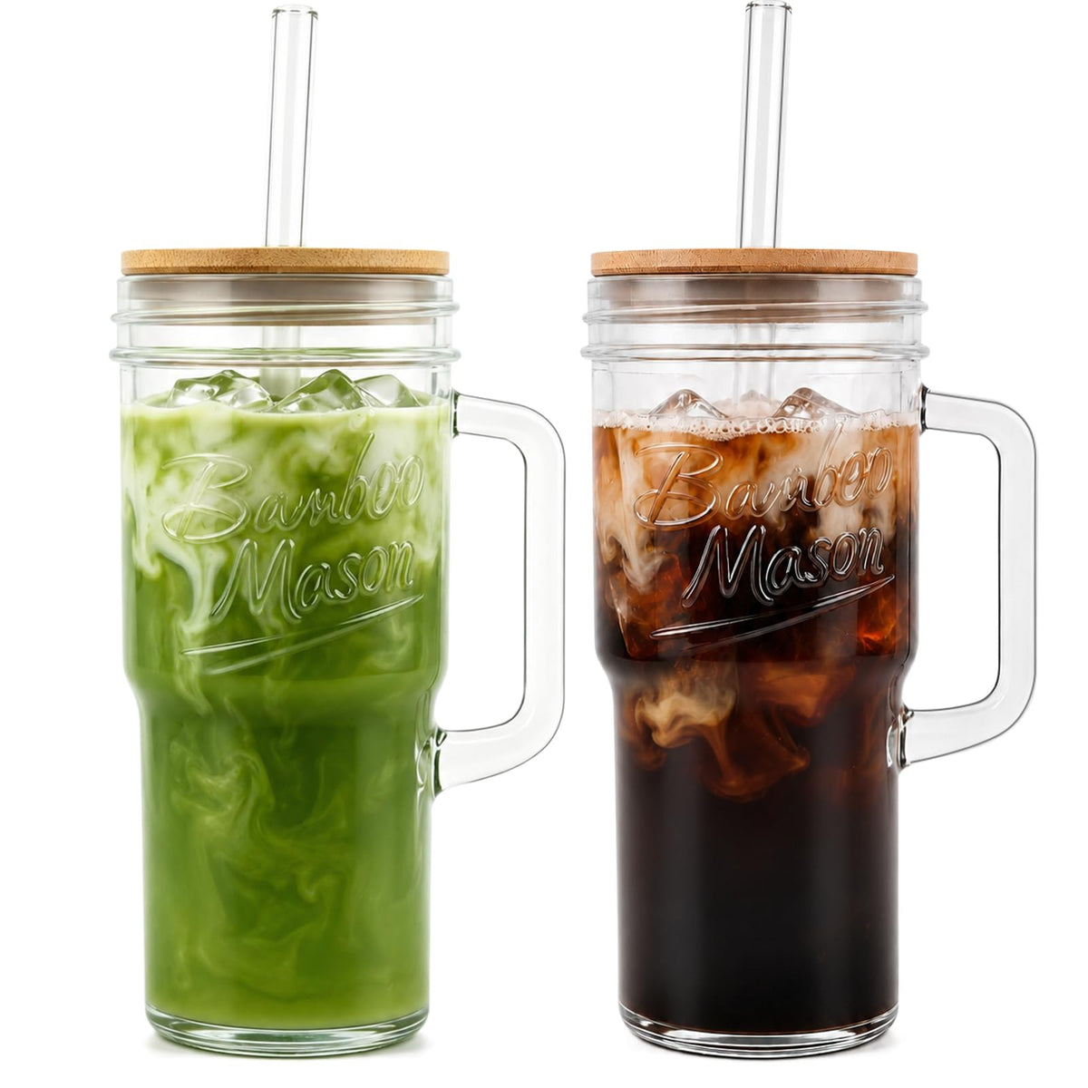 ANOTION Glass Cups With Lids And Straws, Leakproof Tumbler 24oz Mason Jar Cups, Cap Cup Leak-Proof, Self-Assembly Silicone Straw, Reusable Iced Coffee Smoothie Matcha Cup Aesthetic Coffee Gifts Women