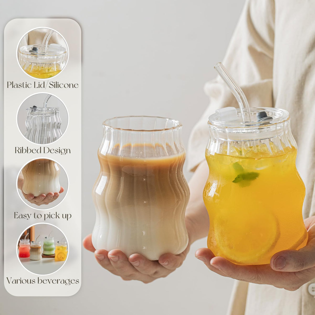 KEMORELA Ribbed Glass Cups with Lids and Straws，18oz Cute Iced Coffee Cups