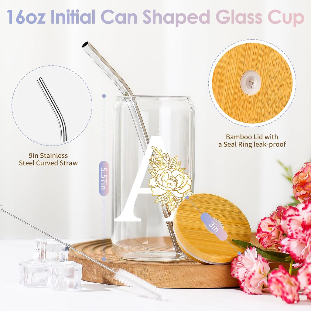 16 Oz Initial Glass Cup with Lid and Straw Personalized Color-Changing