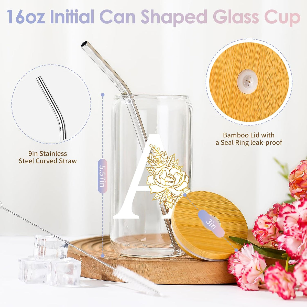 16 Oz Initial Glass Cup with Lid and Straw Personalized Color-Changing