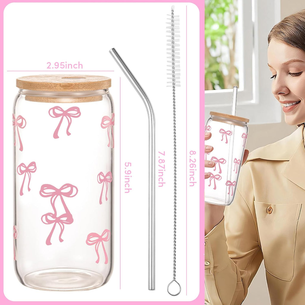 ANABIUP Coquette Cute Pink Bow Glass Cups with Lids and Straws, Aesthetic Iced Coffee Cup, Girly Preppy Design Tumbler Mug for Teen Girls Women Girlfriends Gifts