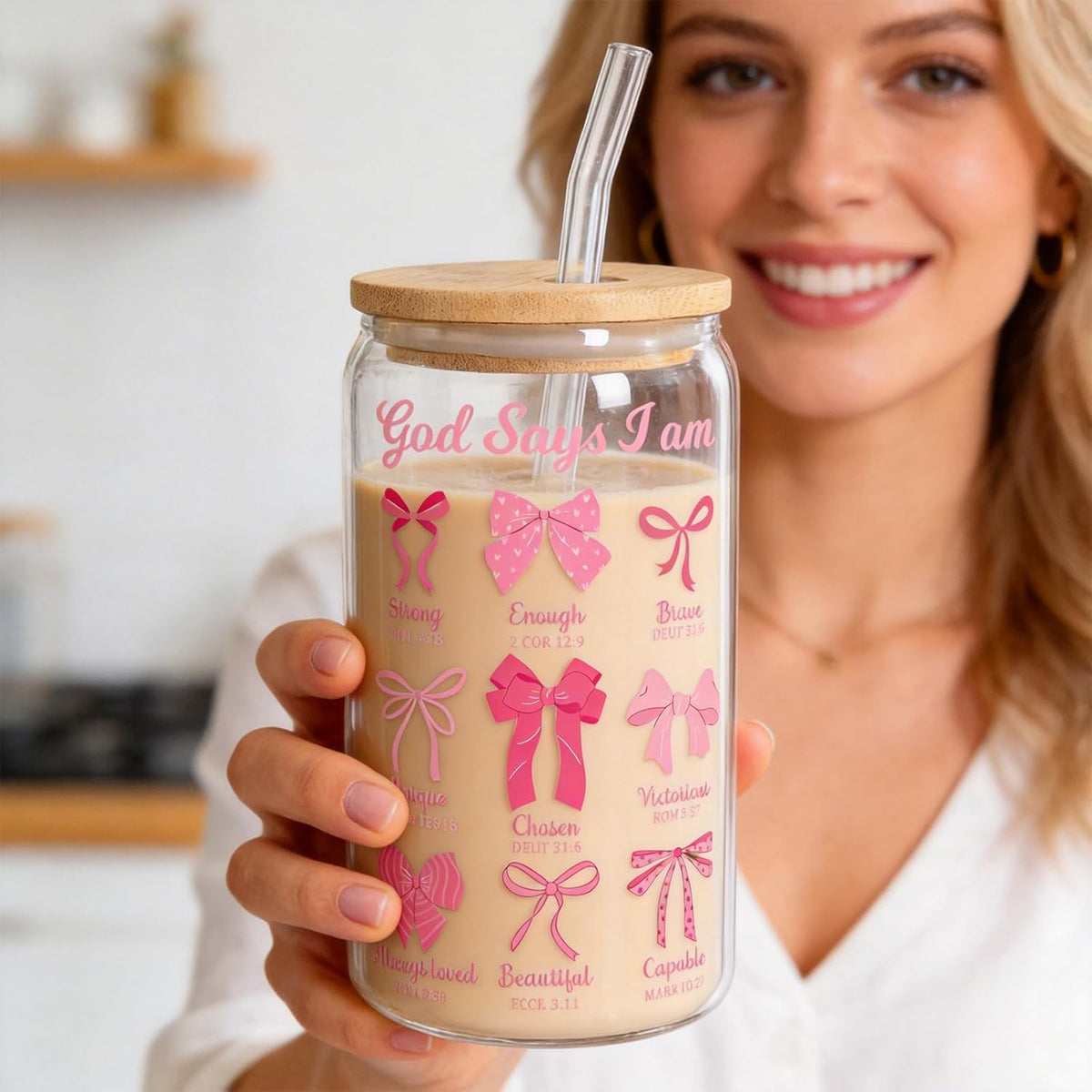 Christian Gifts For Women Girls Pink Bow Glass Cup with Lid and Straw