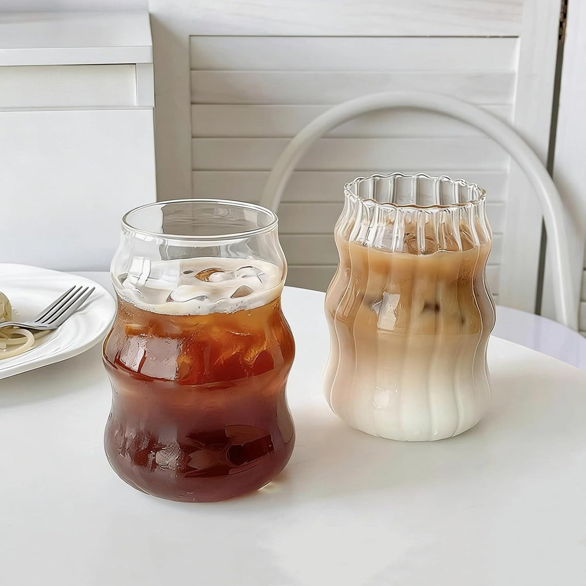 2 Pcs Cute Ribbed Glass Cups 18 oz