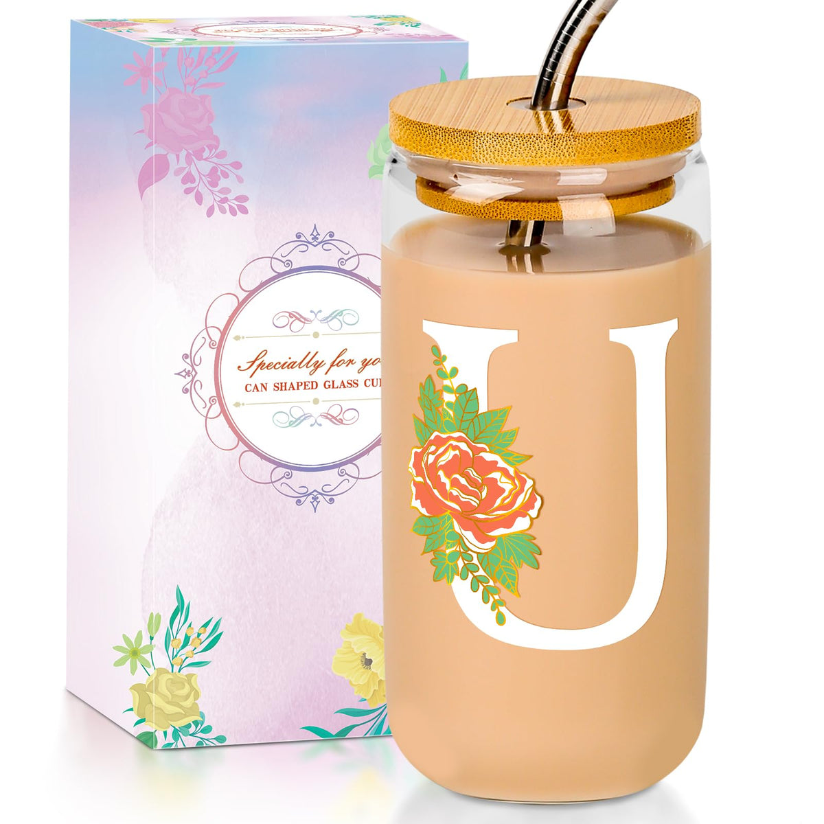 16 Oz Initial Glass Cup with Lid and Straw Personalized Color-Changing