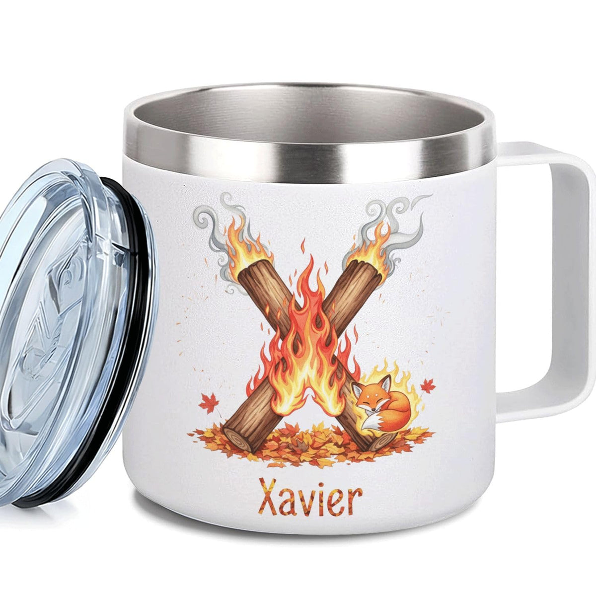 Leo Personalized Kids Mug with Lid, 10 oz Stainless Steel Insulated Camp Cup, Cartoon Lion Tropical Tiki Theme