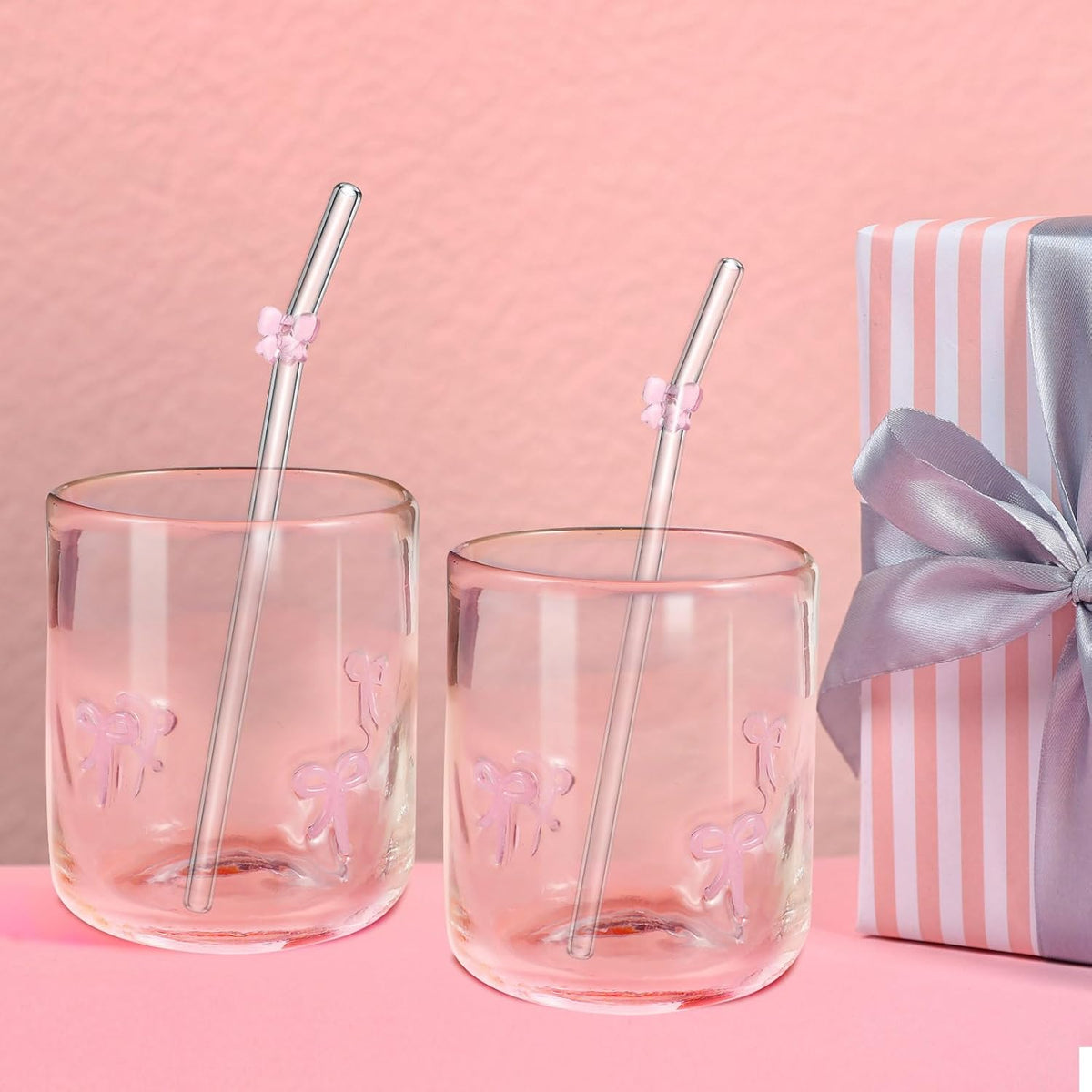 Skylety 2 Set Pink Bow Icon Juice Glasses, 14 oz Cocktail Cups with Straws