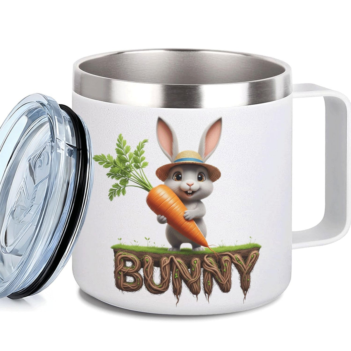 Leo Personalized Kids Mug with Lid, 10 oz Stainless Steel Insulated Camp Cup, Cartoon Lion Tropical Tiki Theme