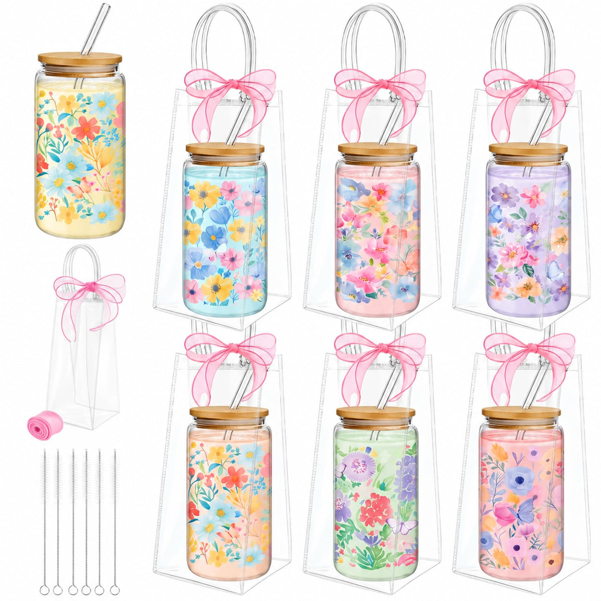 Mumufy 6 Sets Wildflower Cute Glass Cups with Lids and Straws Bulk, 16 Oz