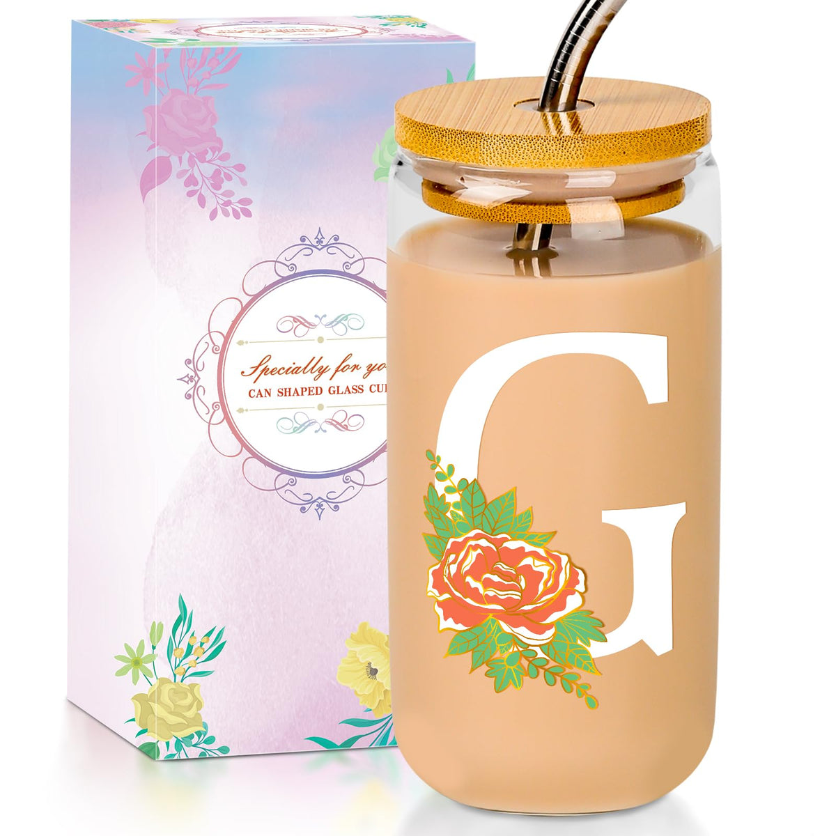 16 Oz Initial Glass Cup with Lid and Straw Personalized Color-Changing