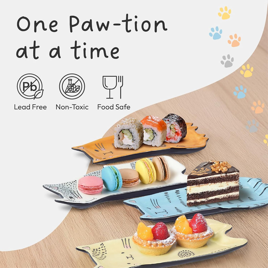Bico Cartoon Cat Appetizer Plates Set of 4, Cat-Shaped Ceramic Plates