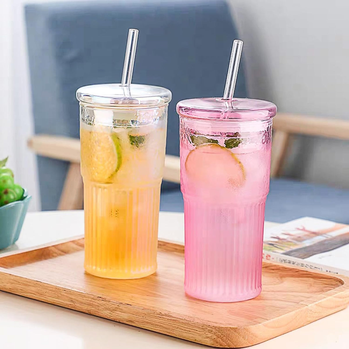 JunVpic Glass Coffee Tumbler, 20 oz Glass Cup with Lid and Straw