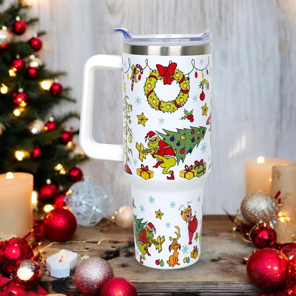 40 oz Christmas Tumbler with Handle Gifts for Girls Daughter Women, Christmas Stainless Steel Insulated Coffee Cups Tumblers with Lids and Straws, White