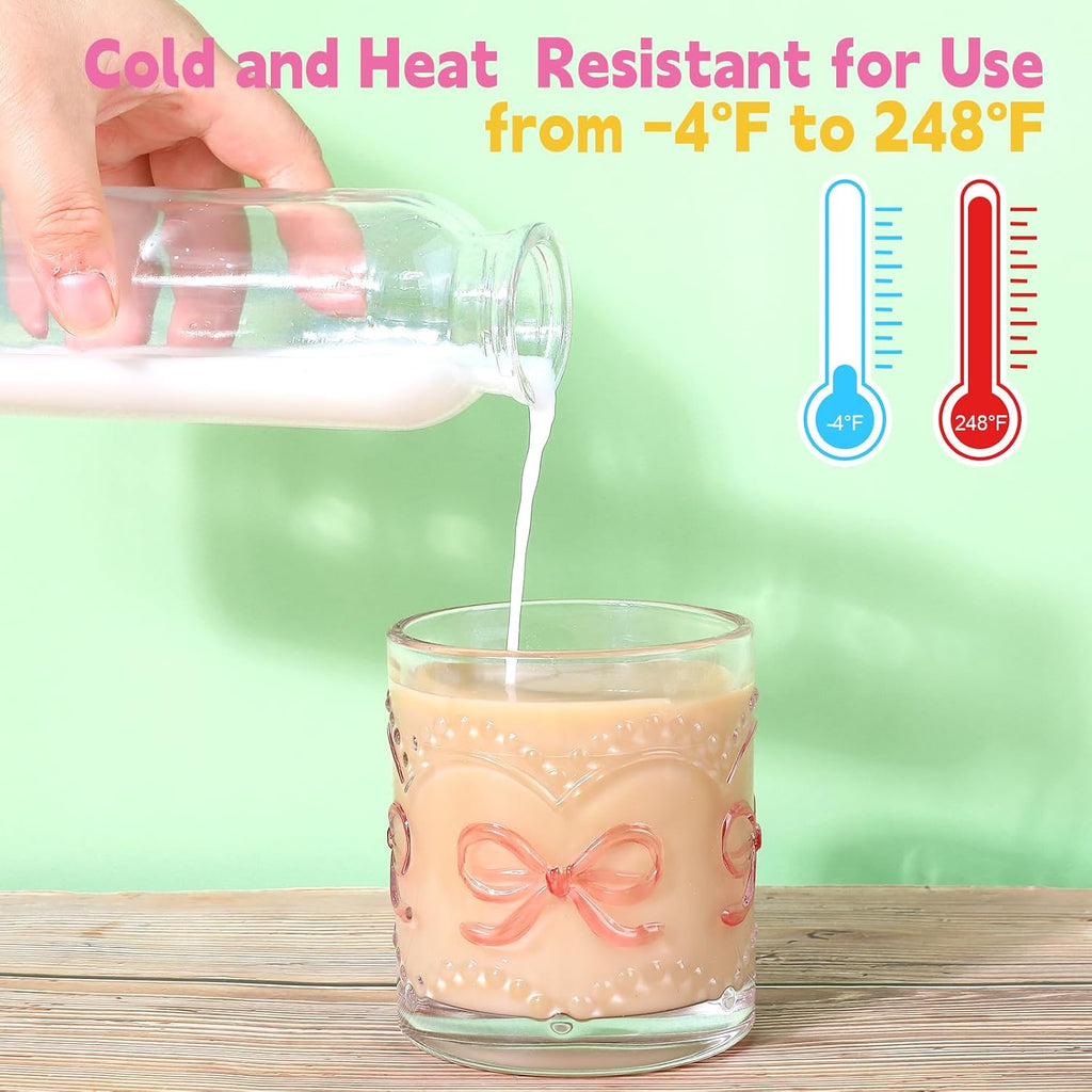 11OZ Ribbed Glass Coffee Cups Set of 6, Vintage French-Style Glasses with Delicate Pink Bow and Dot Relief, Elegant and Durable Glassware for Hot and Cold Beverages, Thick-Bottomed and Dishwasher Safe