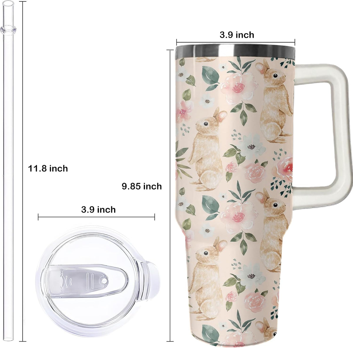 40oz Easter Bunny Tumbler with Handle and Straw, Rabbit Stainless Steel Travel Mug Water Bottle, Vacuum Insulated Cup, Gifts for Women Bunny Lovers