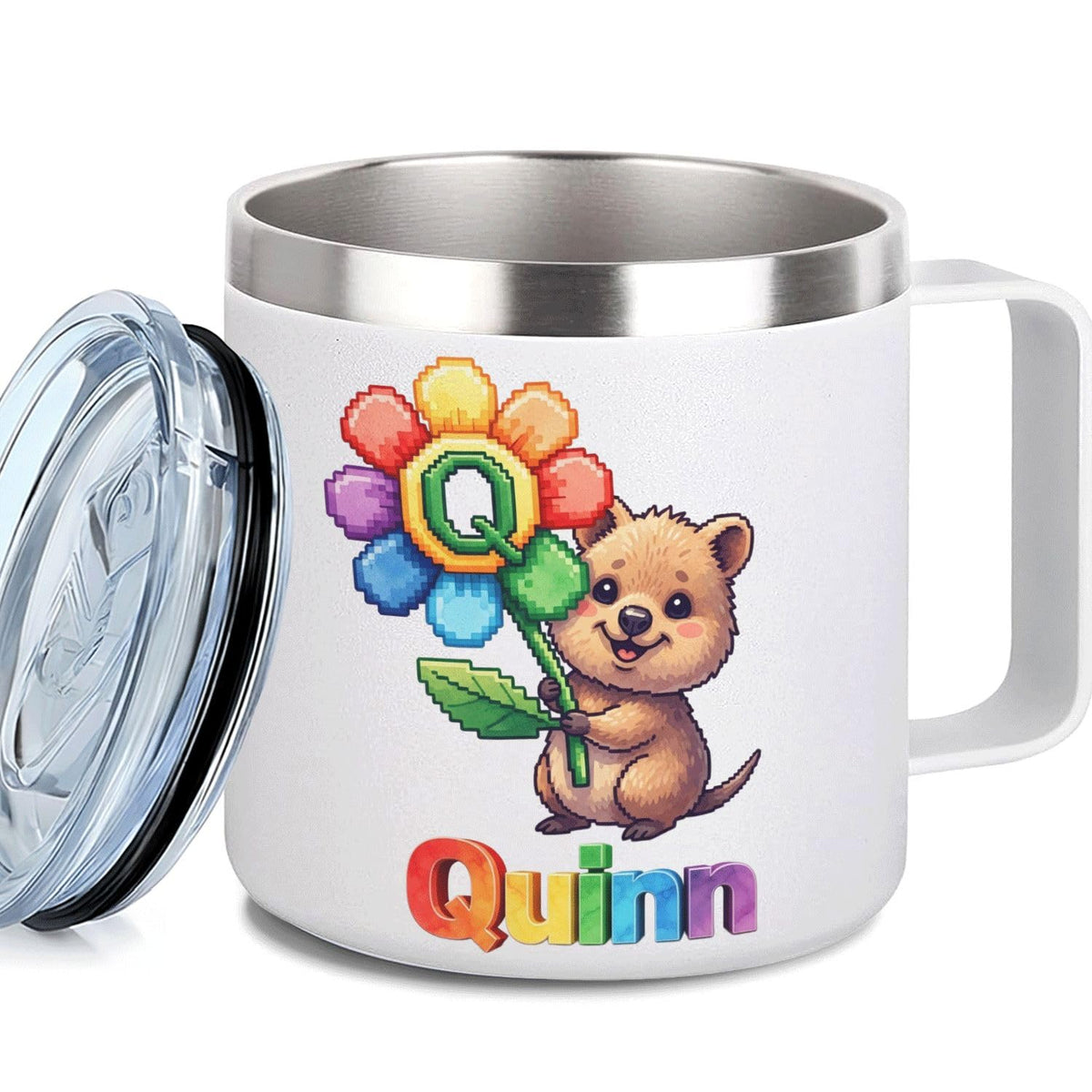 Leo Personalized Kids Mug with Lid, 10 oz Stainless Steel Insulated Camp Cup, Cartoon Lion Tropical Tiki Theme