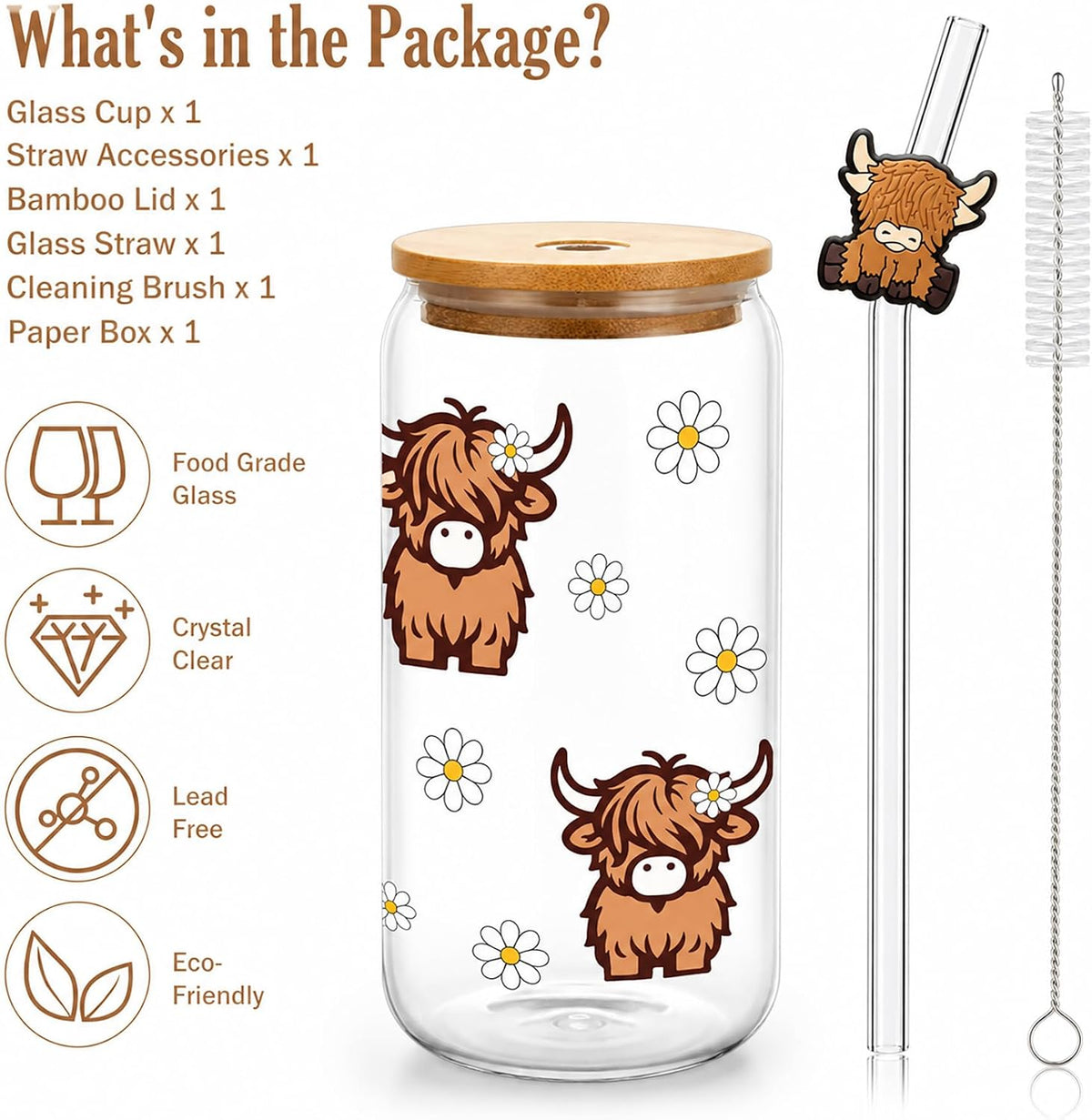 Highland Cows Gifts for Women - Glass Cup with Lid and Straw 16oz