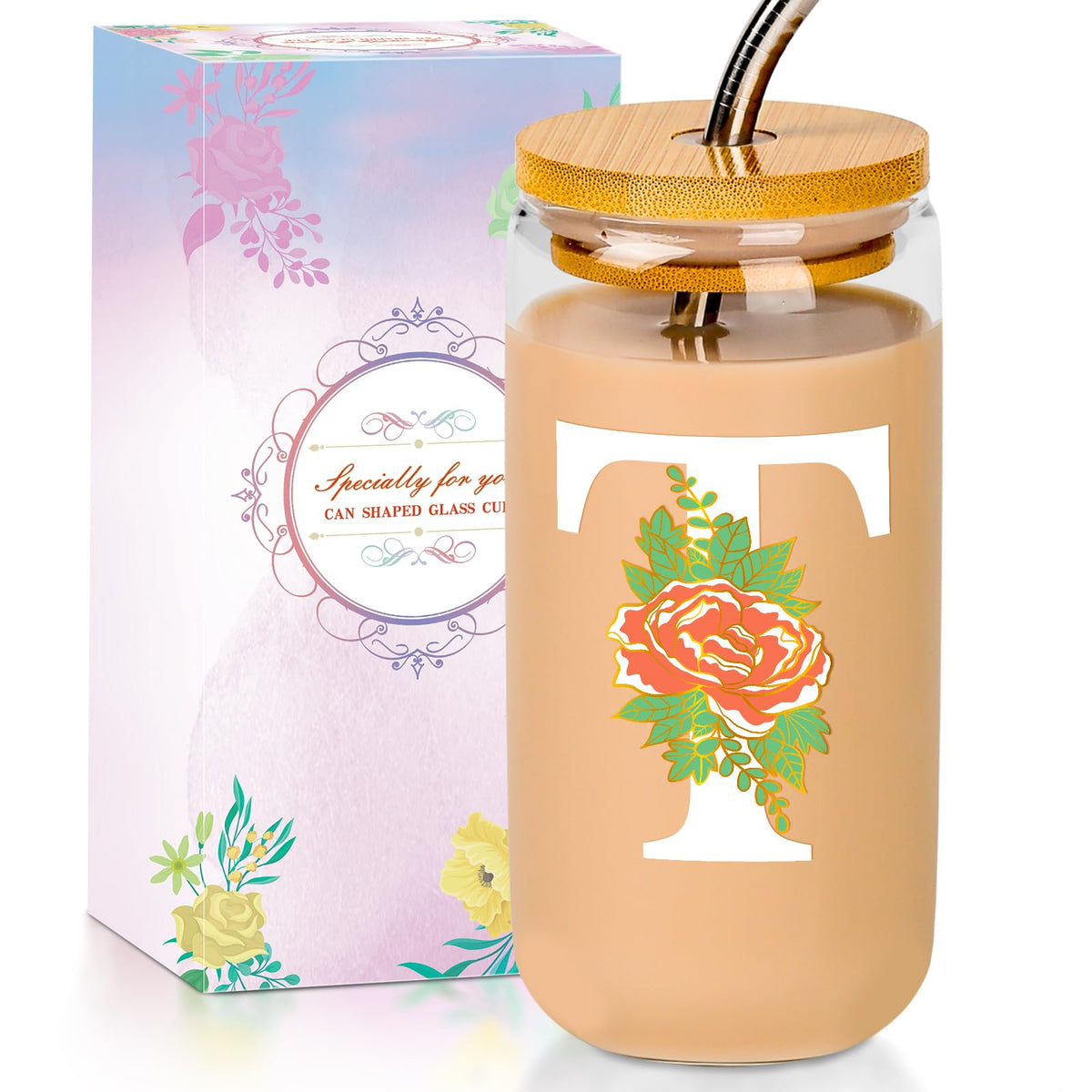 16 Oz Initial Glass Cup with Lid and Straw Personalized Color-Changing