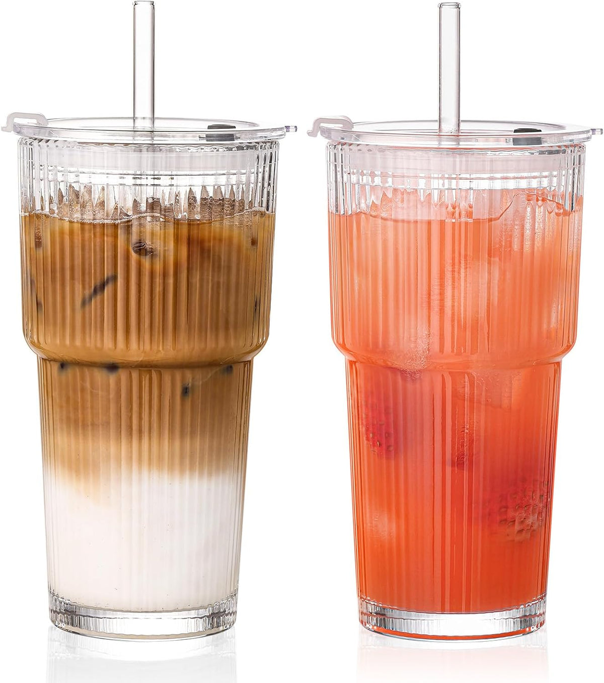 20oz Iced Coffee Cups with Lids, Ribbed Glass Cups with Lids and Straws