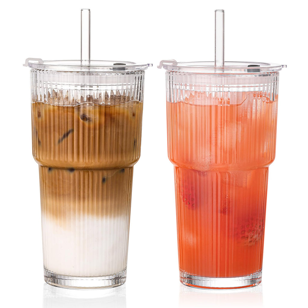 20oz Iced Coffee Cups with Lids, Ribbed Glass Cups with Lids and Straws