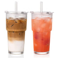 20oz Iced Coffee Cups with Lids, Ribbed Glass Cups with Lids and Straws