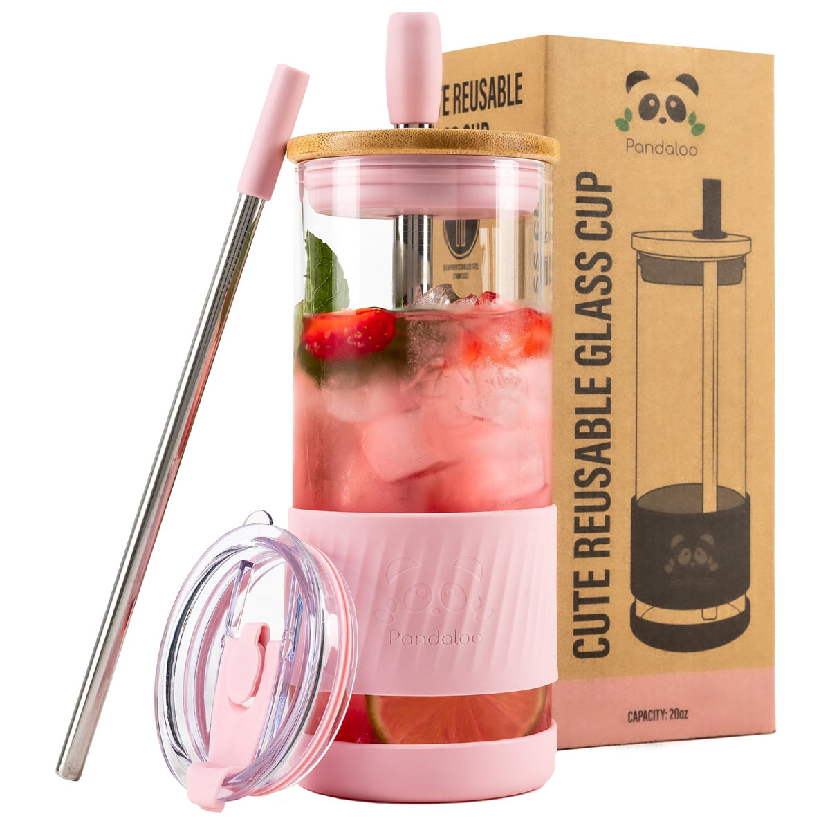 Pandaloo® Glass Cups With Lids and Straws -20 Fl Oz- Perfect Size Iced Coffee Cup - Smoothie Cup With Bamboo Lid and On the go Lid - Glass Tumbler With Straw (1 Count (Pack of 1), Tender Pink)