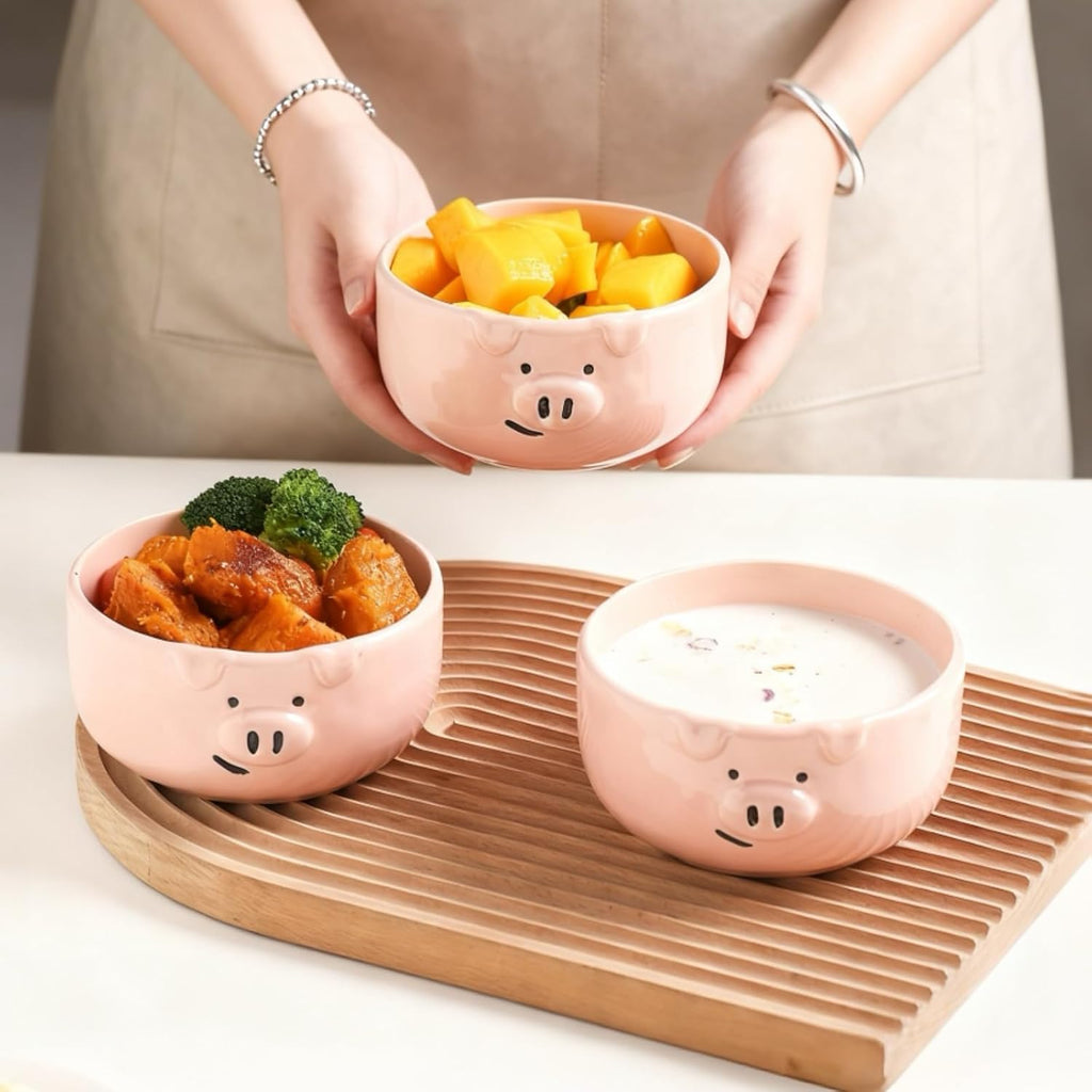 Pink Ceramic Pig Bowls, Set of 3, 13 oz