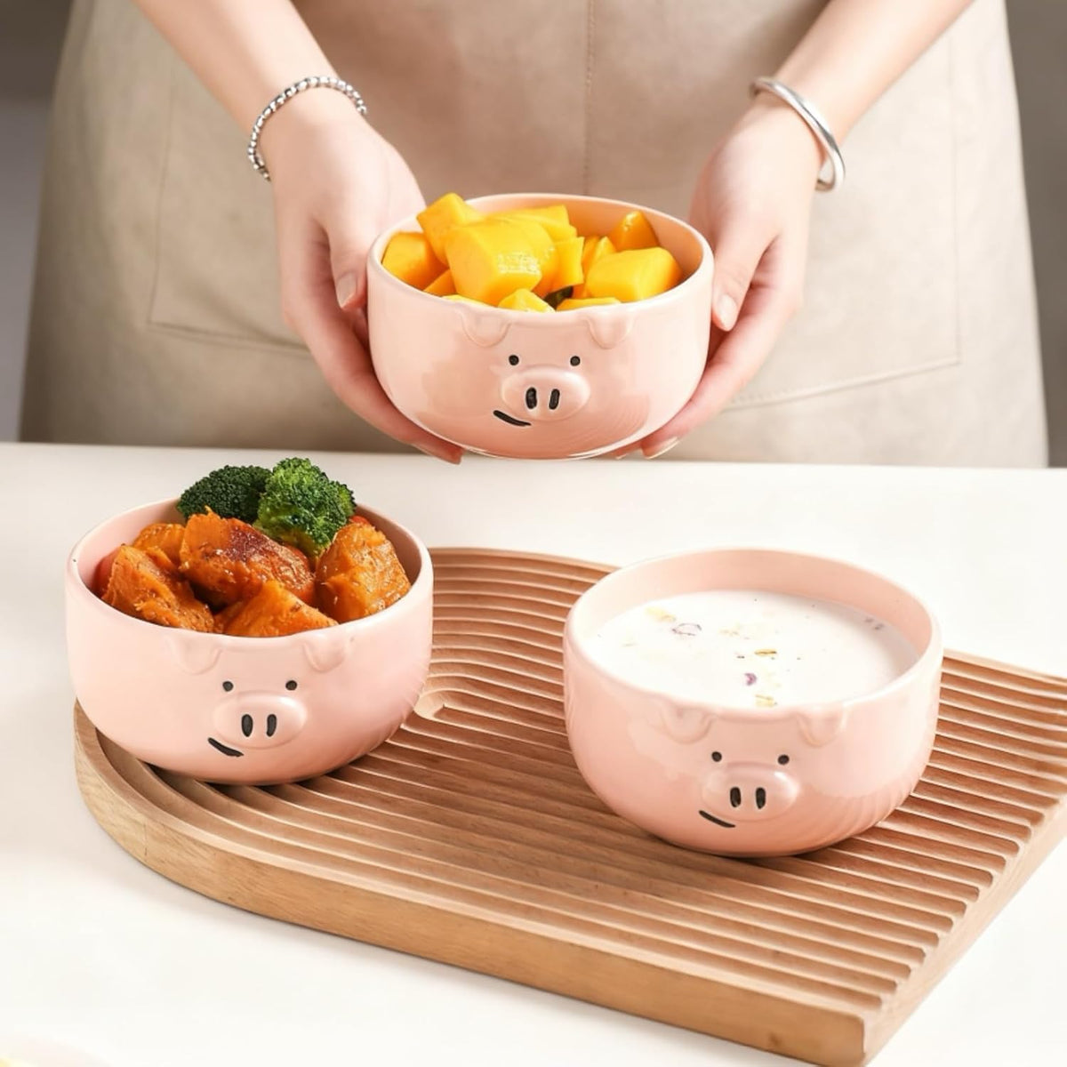 Pink Ceramic Pig Bowls, Set of 3, 13 oz