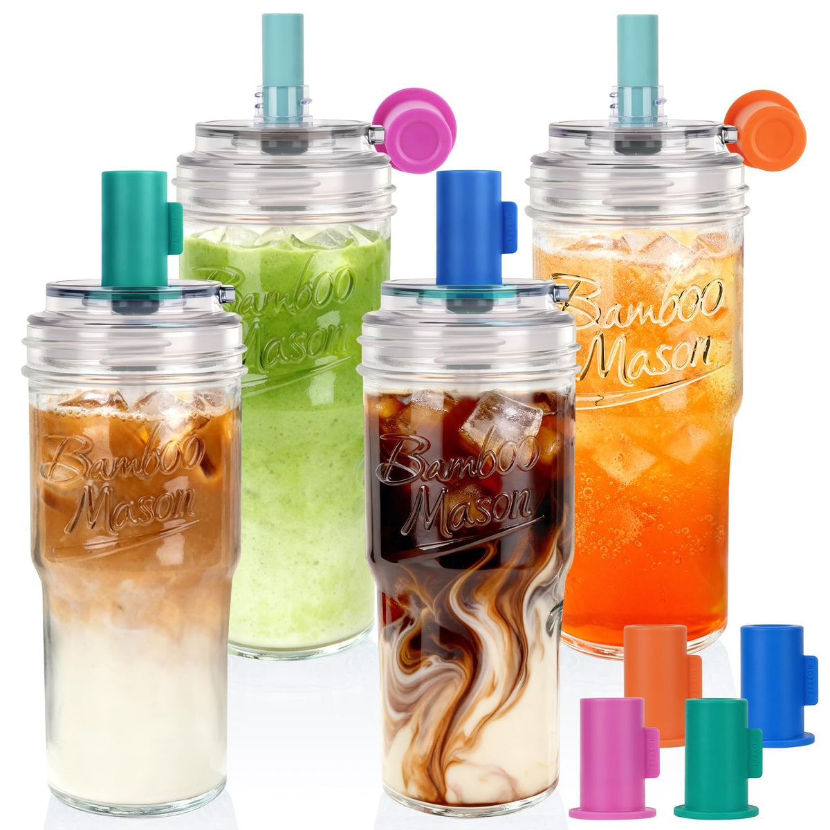 ANOTION Glass Cups With Lids And Straws, Leakproof Tumbler 24oz Mason Jar Cups, Cap Cup Leak-Proof, Self-Assembly Silicone Straw, Reusable Iced Coffee Smoothie Matcha Cup Aesthetic Coffee Gifts Women