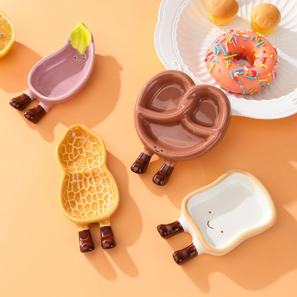 Cartoon Bread Ceramic Plates Set Dipping Dishes for Fruits, Desserts, BBQ, Oven and Dishwasher Safe Bread-Shaped Saucers (11.5 * 6.5 * 2cm)