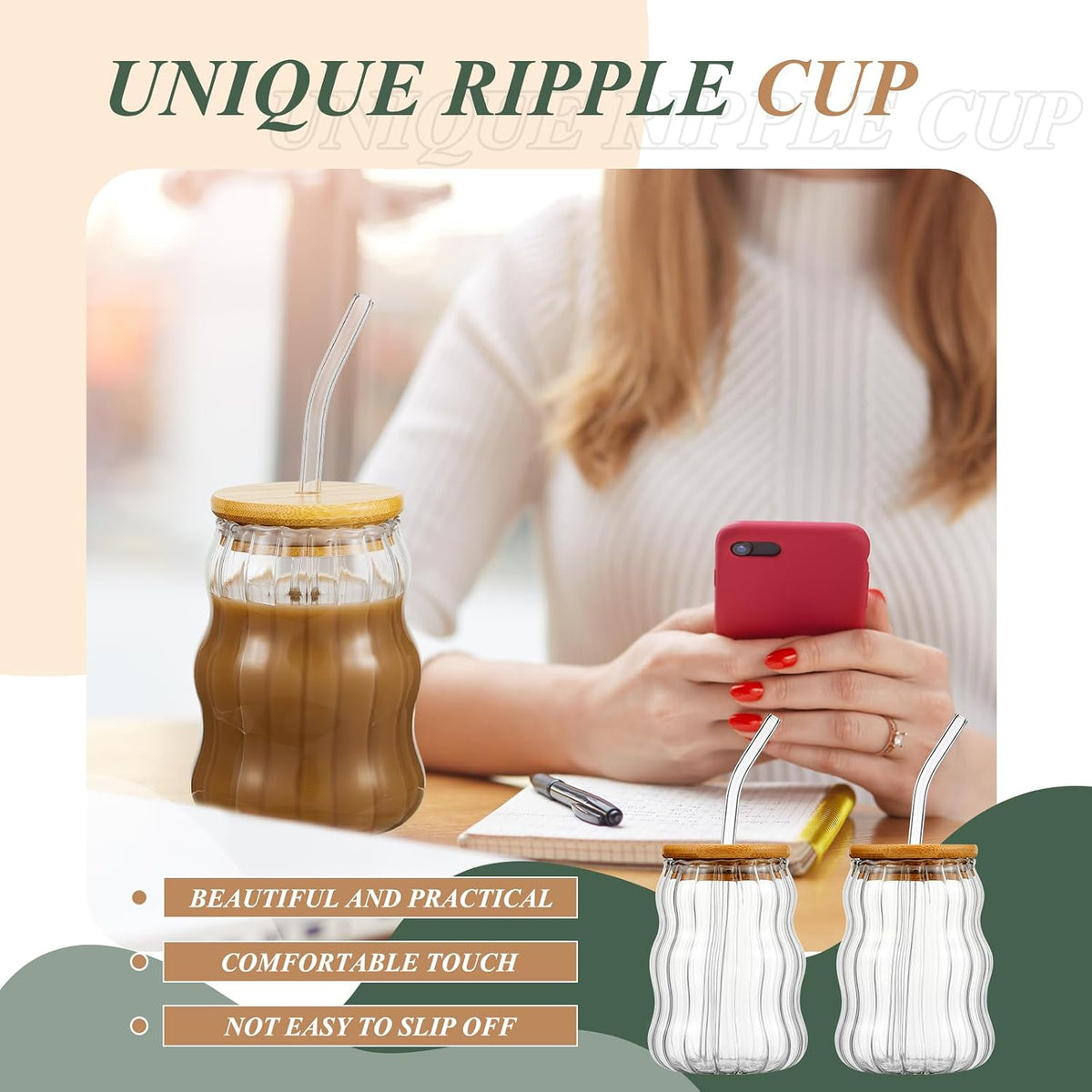Domensi 2 Pcs 18 oz Creative Glass Cups with Lids and Straws Wave Shape Cute Drinking Tumblers Ribbed Cups Vintage Ripple Glassware for Cocktail Juice Iced Coffee Tea Soda Milk