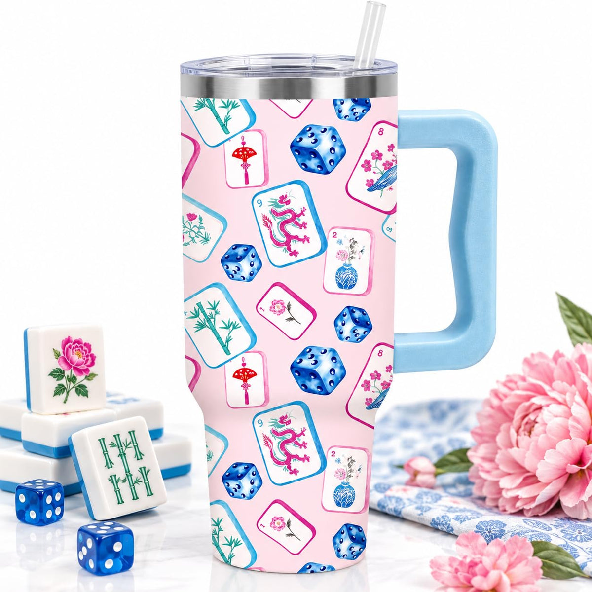 JarThenaAMCS Cartoon Sponge Tumbler with Handle 40oz Flower and Bubbles Tumbler with Lid Straw Blue Yellow Funny Sea Ocean Stainless Steel Cup for Home Office Travel