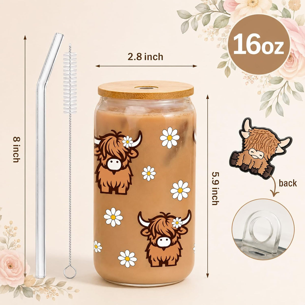 Highland Cows Gifts for Women - Glass Cup with Lid and Straw 16oz