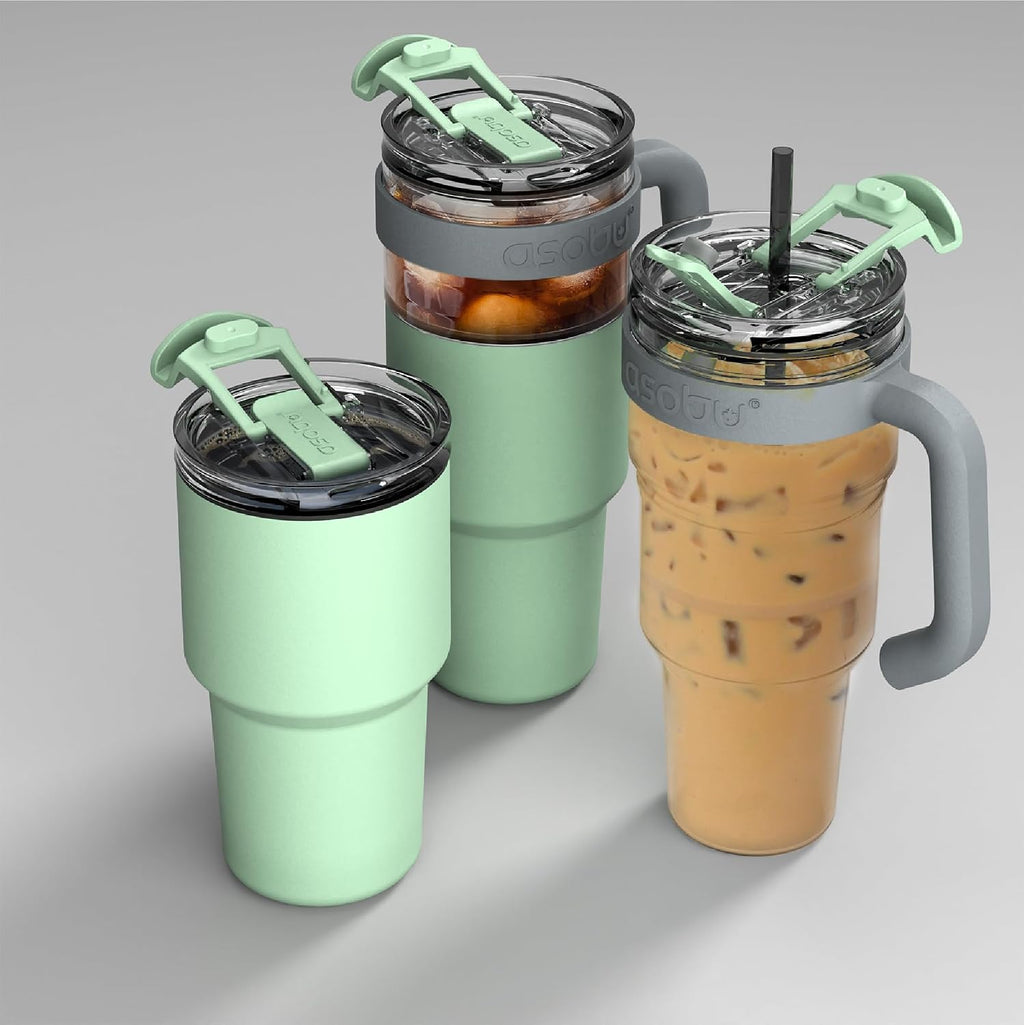 asobu Extra Large Travel Explorer Tumbler for Hot and Cold with Stainless Steel Removable Coffee Mug Sleeve - Straw and Flip Open Sip Spout, 34 oz / 25 oz (Basil Green)