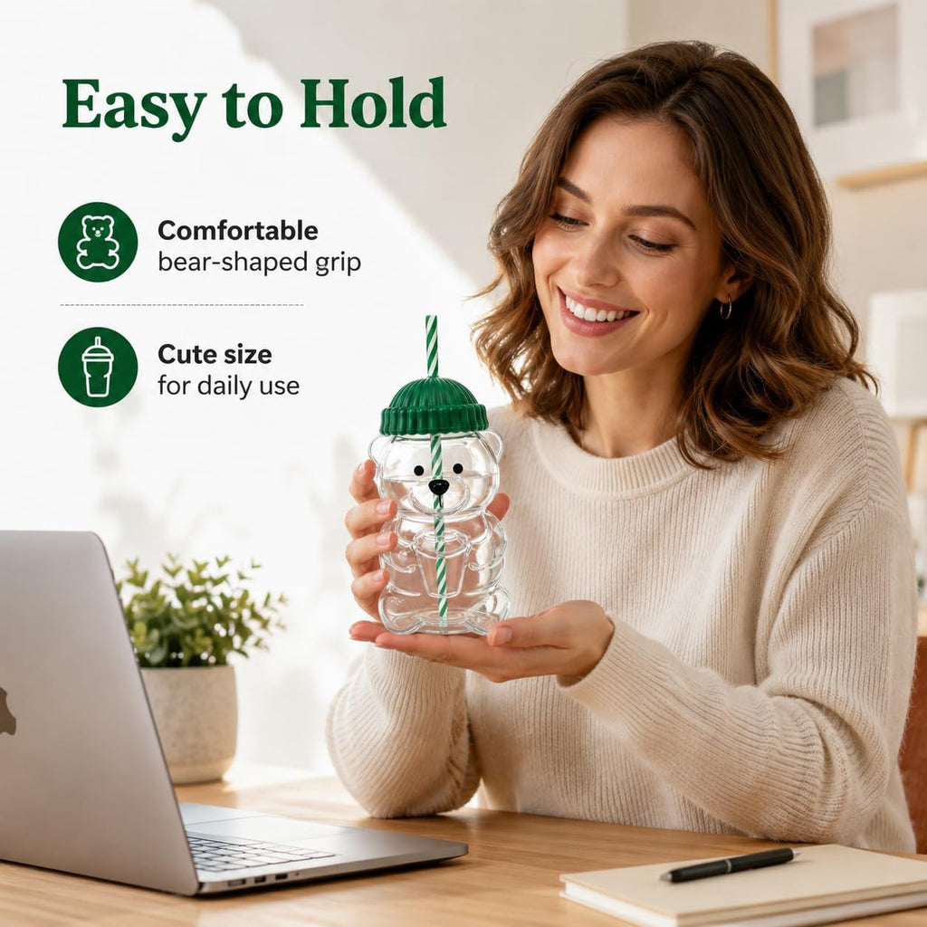 Cute Bear Glass Tumbler with Lid and Straw, 20 oz, Green