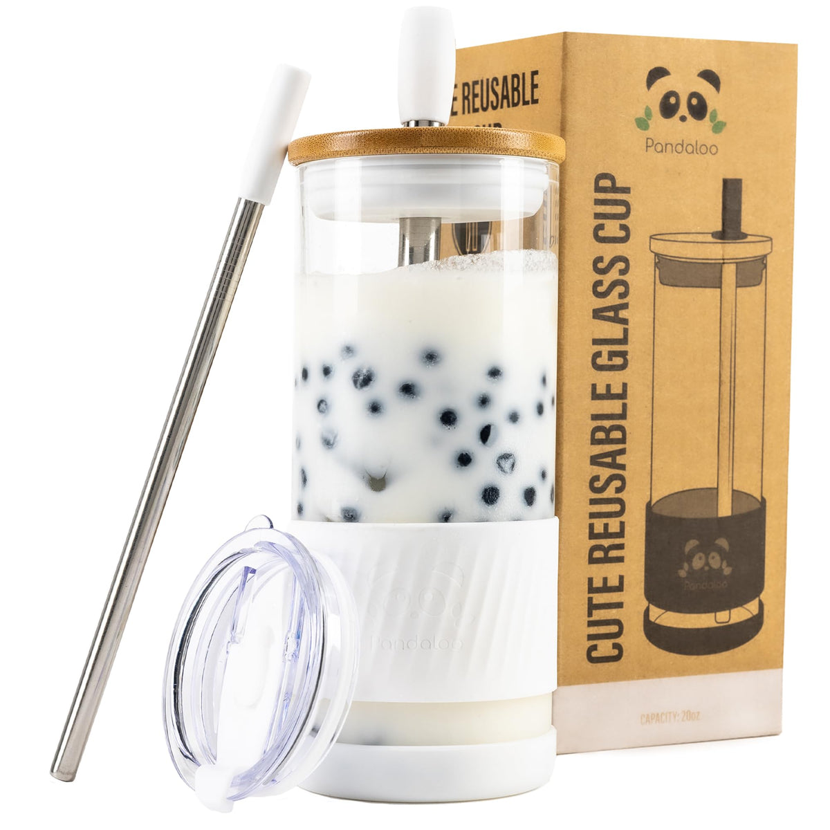 Pandaloo® Glass Cups With Lids and Straws -20 Fl Oz- Perfect Size Iced Coffee Cup - Smoothie Cup With Bamboo Lid and On the go Lid - Glass Tumbler With Straw (1 Count (Pack of 1), Tender Pink)